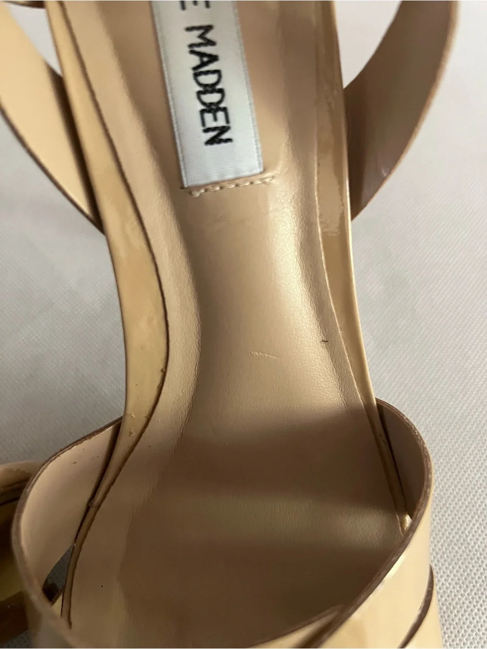 Steve Madden Beige Strappy Patent Leather Heels